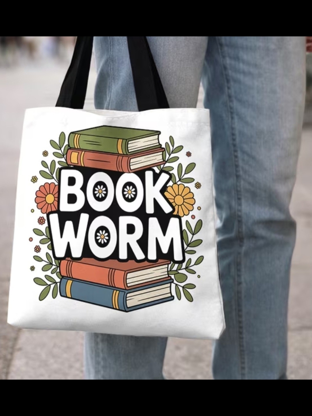 Book Worm Floral Stack White Tote Bag